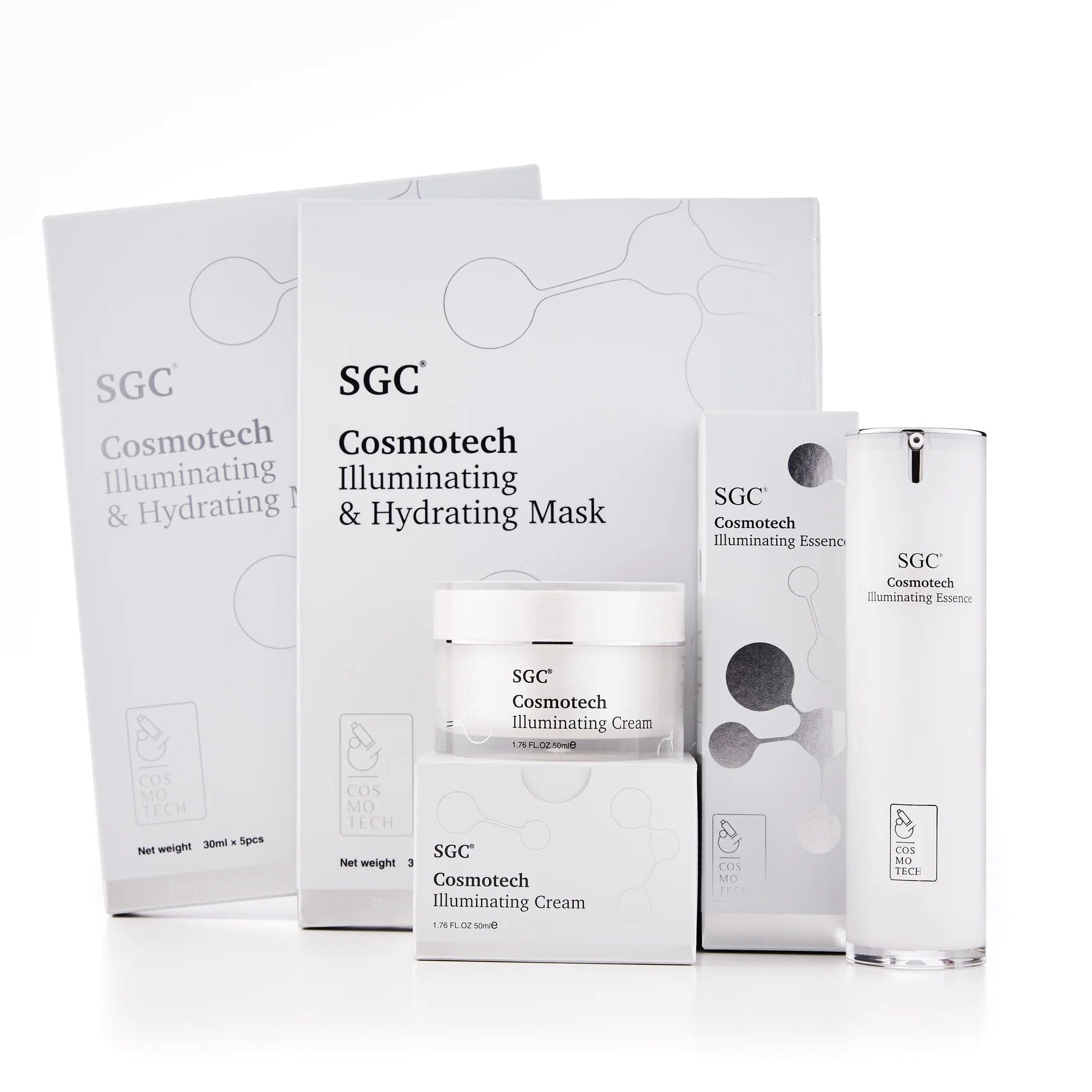 SGC Cosmotech skincare products including cream, mask, and serum on a white background