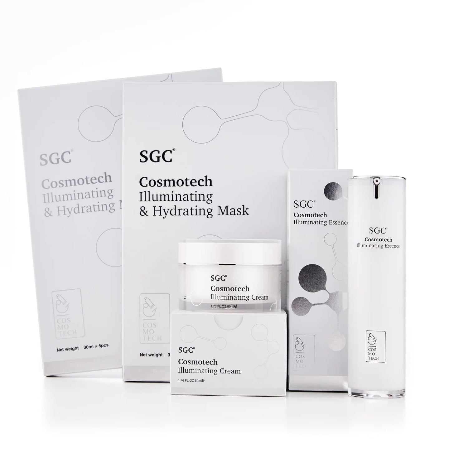 SGC Cosmotech skincare products including cream, mask, and serum on a white background