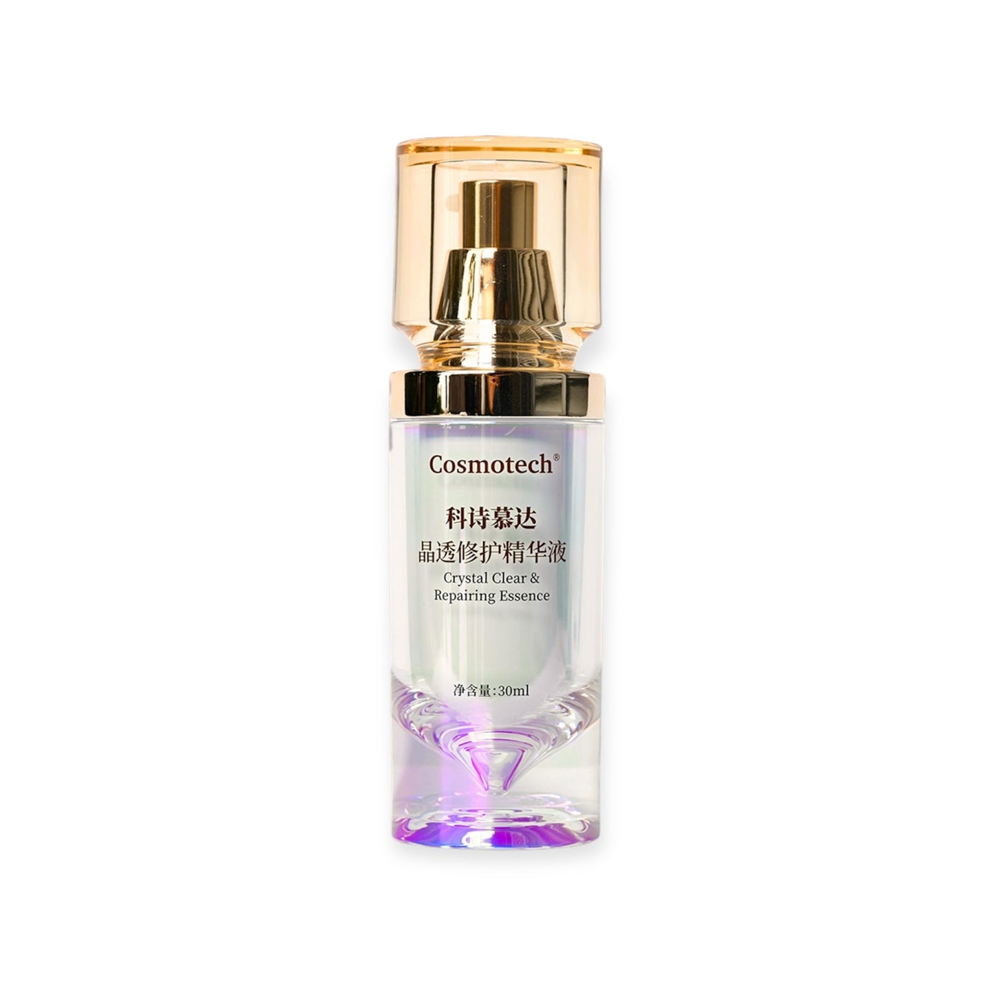 Cosmotech Crystal Clear & Repairing Essence with gold cap and white label